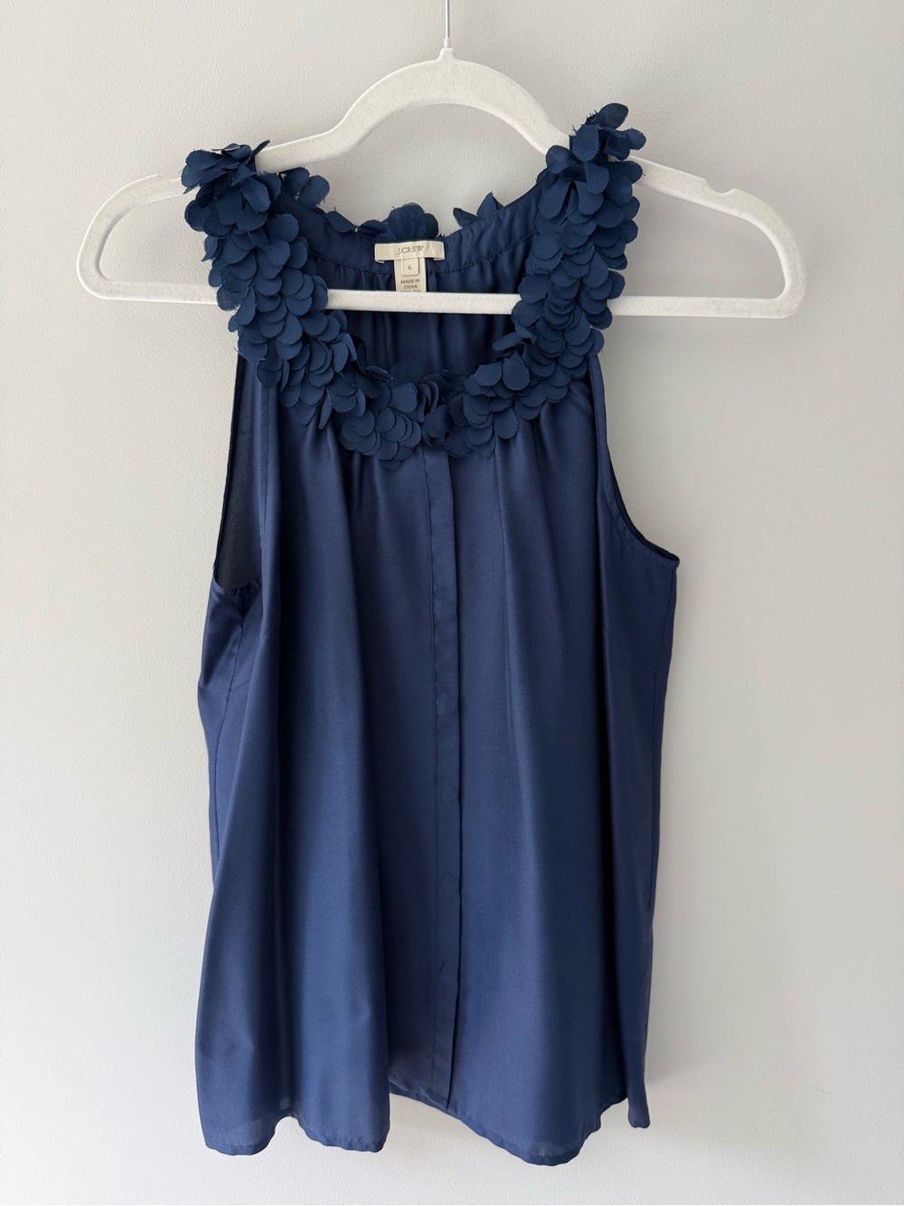 J. Crew Navy Sleeveless Blouse with Petal-Neckline Detail